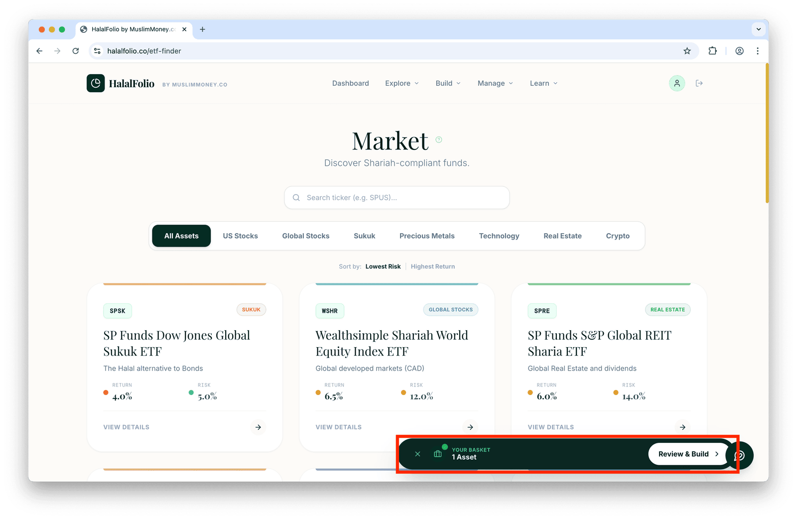 Once you've added an ETF, you'll see it in your "HalalFolio Basket" which you can modify in the Advanced Builder