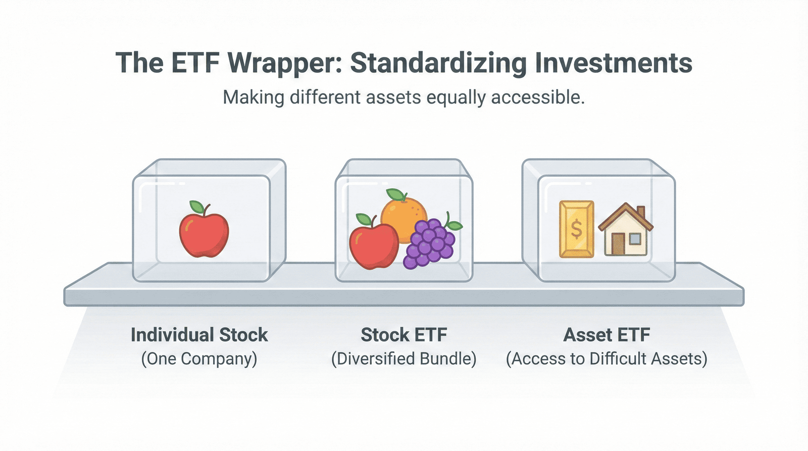Illustration of an ETF as a bundle holding stocks, gold, REITs, and sukuk